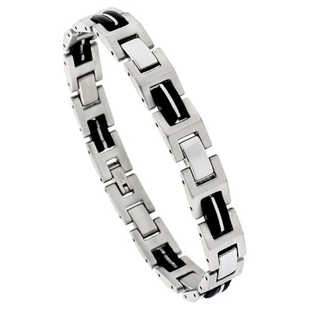 Stainless Steel Flat Link Bracelet For Men with Black Rubber, 8 inch long